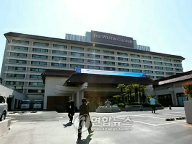 会議場となる釜山ウェスティン朝鮮ホテル 。数日前から厳しい警備が敷かれている＝（聯合ニュース）