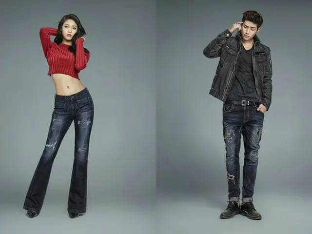 韓国ガールズグループ「AOA」ソリョン（ソルヒョン）と新人男性バンド「N．Flying」のリーダー、スンヒョプがジーンズモデルとして息を合わせる。（提供:news1）