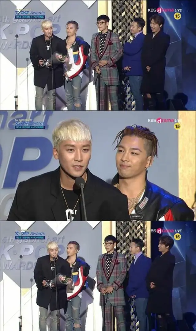 17日にソウル・オリンピック公園オリンピックホールで行われた「第5回GAON CHART K-POP AWARDS」で、人気グループ「BIGBANG」がことしの歌手賞やyinyuetaiアジア最高影響力賞などを受賞した。（提供:OSEN）