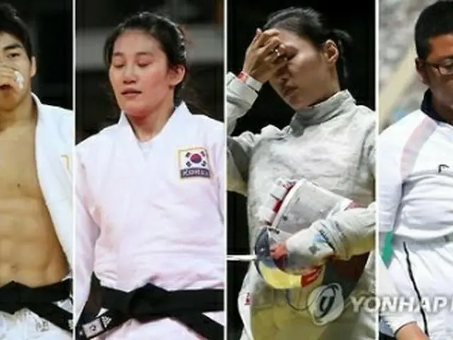 左から柔道の安昌林とキム・ジャンディ、フェンシングの金志ヨン、アーチェリーの金優鎮=8日、リオデジャネイロ(聯合ニュース)