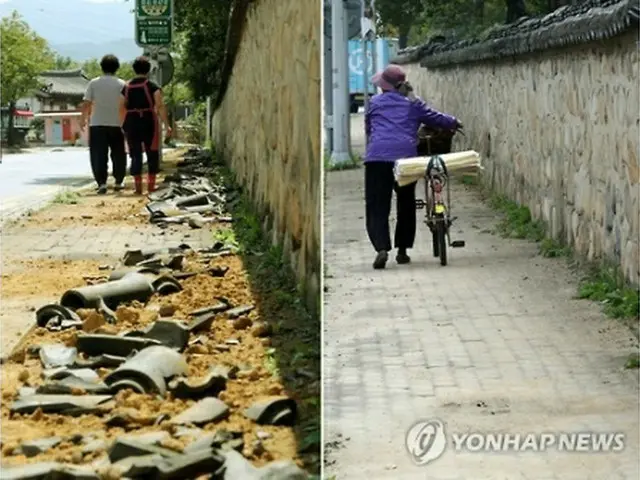 地震の影響で外塀の瓦屋根が落ちた当時の様子（左）と復旧後＝１２日、慶州（聯合ニュース）