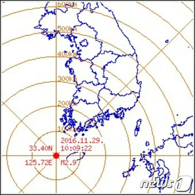 29日午前10時9分頃、韓国・済州（チェジュ）済州市高山西北西43kmの海域で、マグニチュード（M）2.9の地震が発生した。（提供:news1）