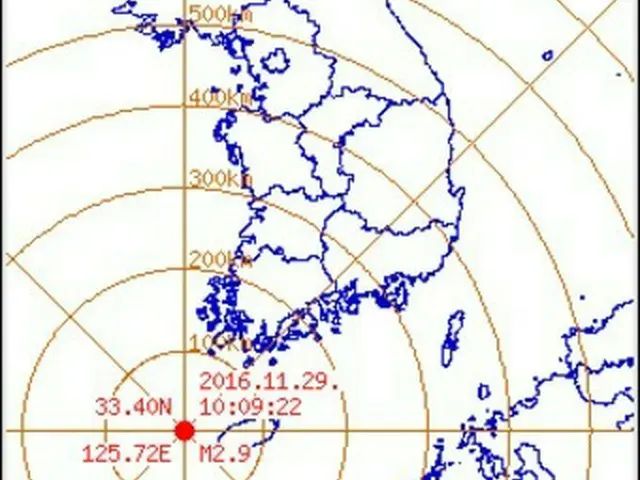 29日午前10時9分頃、韓国・済州（チェジュ）済州市高山西北西43kmの海域で、マグニチュード（M）2.9の地震が発生した。（提供:news1）