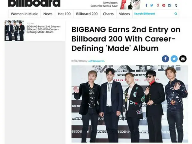 「BIGBANG」、米ビルボードのメインチャートに史上2度目のランクイン！（提供:OSEN）