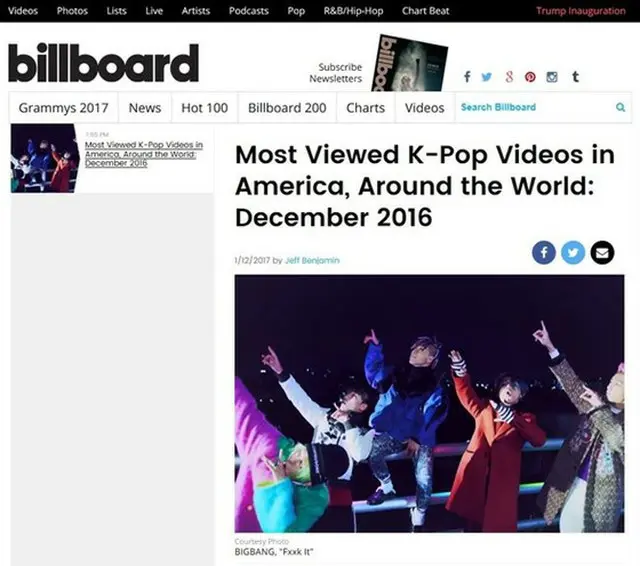 韓国男性グループ「BIGBANG」の「FXXK IT」と「LAST DANCE」が2016年12月に世界で最も多く見られたK-POP MV（ミュージックビデオ）に選定された。（提供:OSEN）