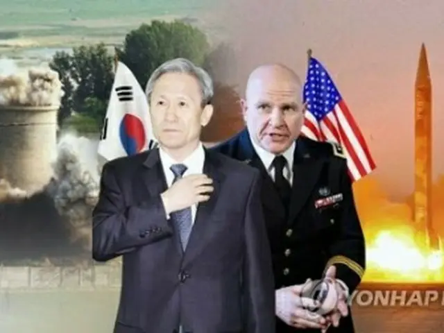 北朝鮮の弾道ミサイル発射を受けて会談した金寛鎮氏とマクマスター氏＝（聯合ニュースＴＶ）