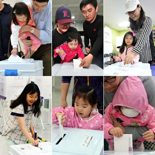 韓国で9日午前6時より、第19代大統領選が全国の1万3964か所の投票所でおこなわれる中、子供たちと投票に臨む有権者の姿が相次いで見られる。