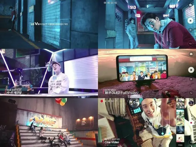 LG V30とアイドルグループ「Block B」が一緒にした超大型プロモーション映像が公開された。（提供:news1）