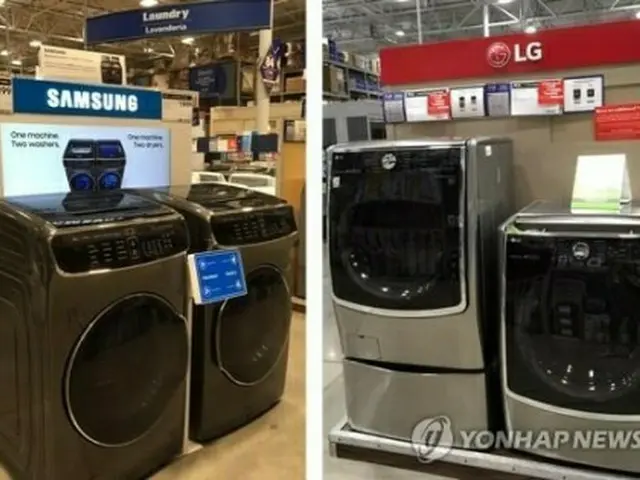 米国の家電売り場に並ぶLG電子（右）とサムスン電子の洗濯機（資料写真）＝（聯合ニュース）