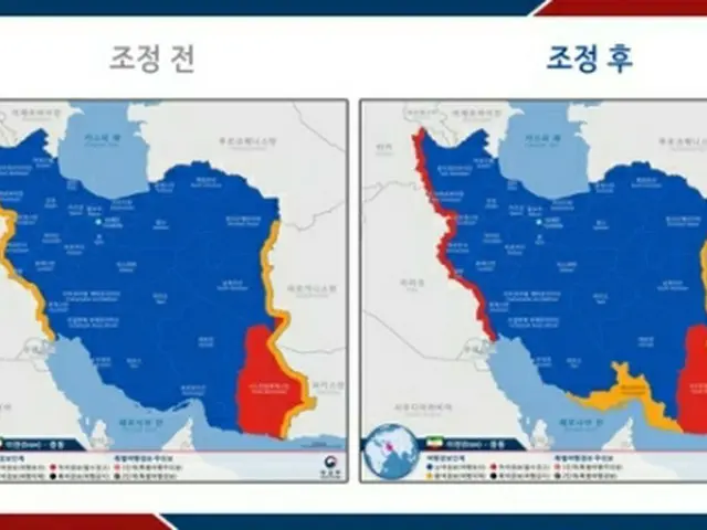 外交部はイラン西部のトルコ、イラクとの国境地域の旅行警報をレベル２（黄色・左）からレベル３（赤）に引き上げた（外交部提供）＝（聯合ニュース）