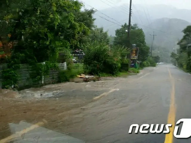 韓国南東部に位置する慶尚北道（キョンサンプクト）清道（チョンド）郡では20日午前7時47分頃、台風5号の影響で河川が氾濫し、道路が冠水した。（提供:news1）