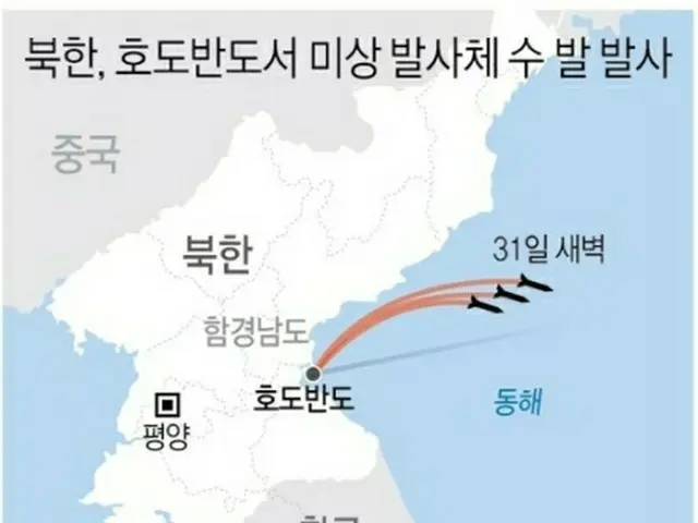 韓国軍当局は３１日、北朝鮮が同日早朝に東部から弾道ミサイル２発を発射したと発表した＝（聯合ニュース）