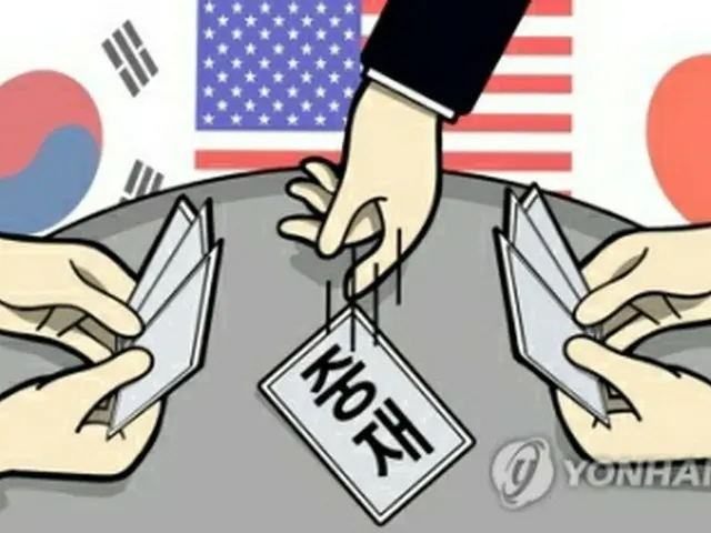 日本の対韓輸出規制により韓日の対立が深まっている。韓国は米国の仲裁を期待している（イラスト）＝（聯合ニュース）