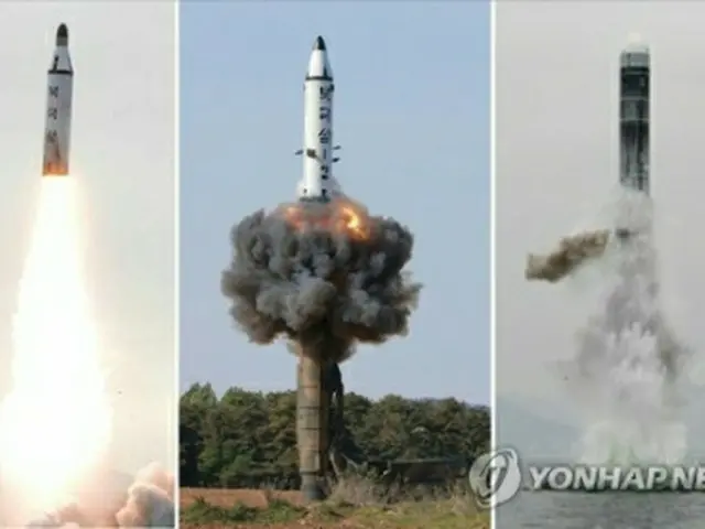 北朝鮮が２０１６年８月に試射した「北極星１」（左）と地上発射型に改造して１７年２月に発射した「北極星２」（中央）、今月２日に試射した「北極星３」（右、いずれも資料写真）＝（聯合ニュース）≪転載・転用禁止≫