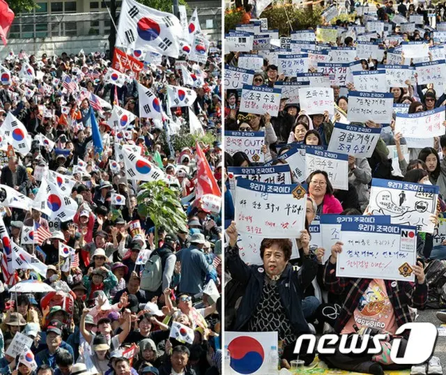 去る9日ソウルの汝矣島（ヨイド）で市民たちがそれぞれの集会を開き、“チョ法相支持”や“罷免”を求めている（提供:news1）