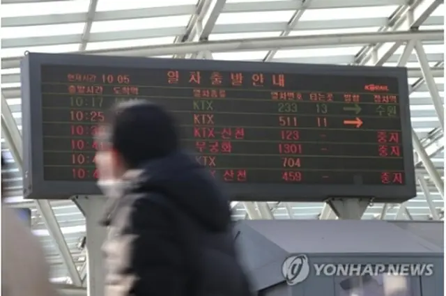 列車の運休を知らせるソウル駅の電光掲示板＝２０日、ソウル（聯合ニュース）
