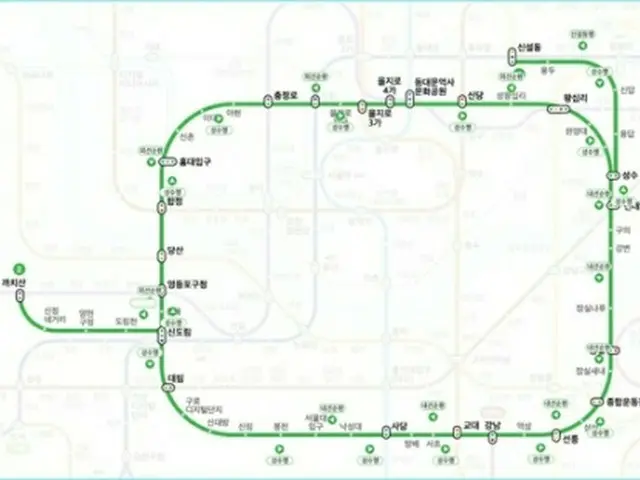 ソウル地下鉄２号線の路線図。左下が新亭支線（ソウル交通公社ホームページより）＝（聯合ニュース）