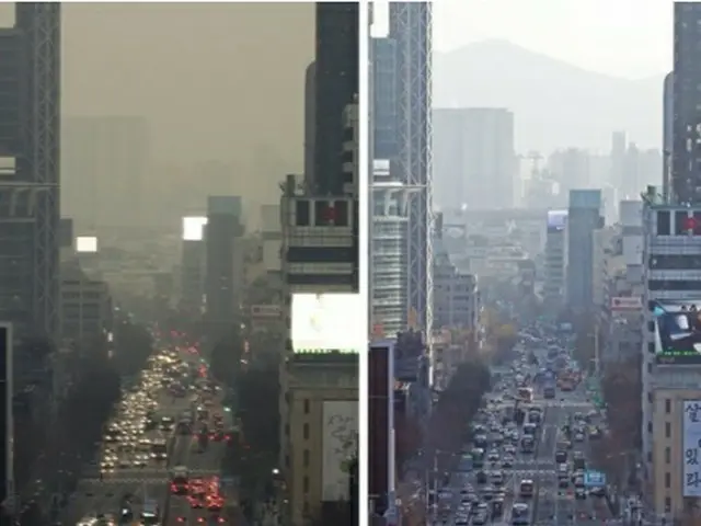ソウル市内の様子。右側の１２日は粒子状物質に覆われた３日前（左）に比べ鮮明に見える＝（聯合ニュース）