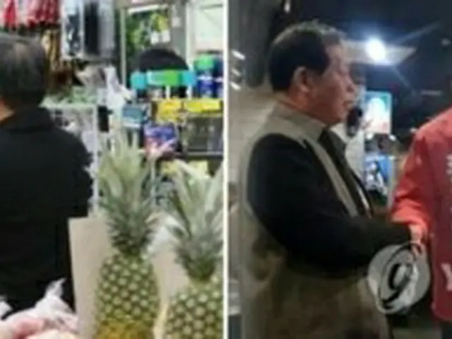 ２日午前０時すぎ、ソウル市内のスーパーを訪れ、市民に支持を訴える李氏（左）と同市内の食堂を訪問した黄氏＝２日、ソウル（聯合ニュース）