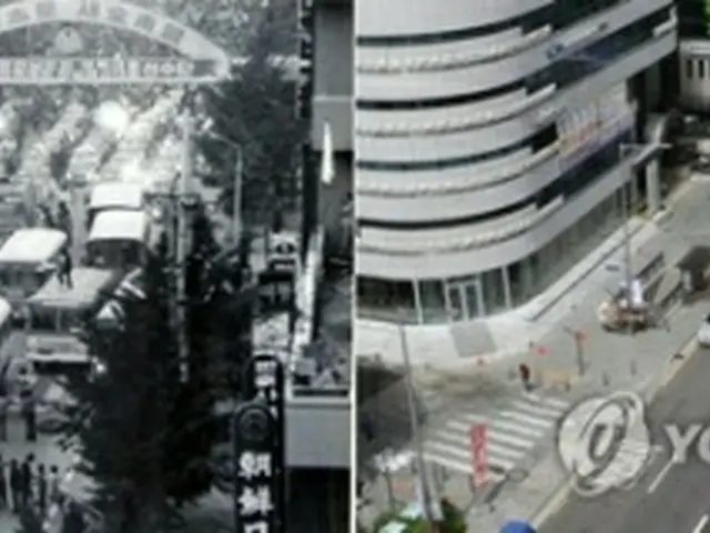 1980年5月20日、民主化を求めるデモのため市中心部に集まった車両（左、記録写真）と、同じ場所の現在の姿（5・18記念財団提供）＝（聯合ニュース）≪転載・転用禁止≫