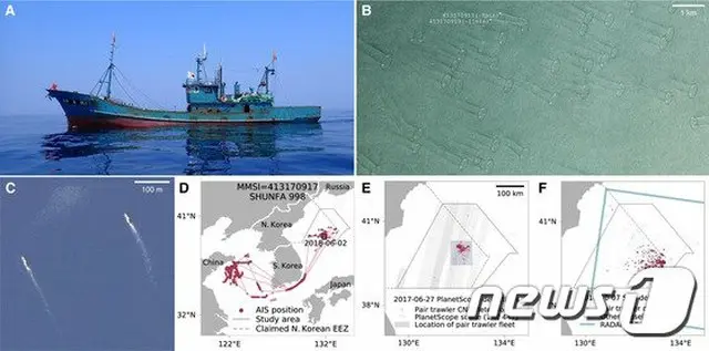 密漁活動を監視する国際非営利団体“グローバル漁業監視（GFW）”が明らかにした、中国漁船による北朝鮮水域での不法なイカ漁（提供:news1）