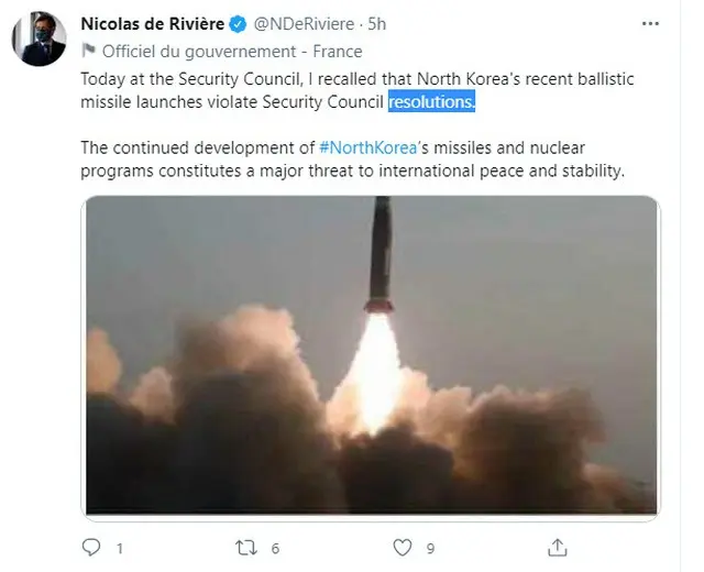 フランスのニコラ・ド・リヴィエール国連大使が、安保理会議後にあげたツイッター（画像提供:wowkorea）