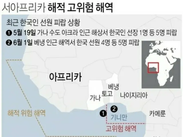 西アフリカのギニア湾は海賊が頻繁に出没する。韓国当局は拉致などの危険性が特に高いエリアを「海賊高危険海域」、その周辺を「海賊危険海域」に指定している。〈１〉は５月１９日、〈２〉は５月３１日に韓国人が拉致された地点＝（聯合ニュース）