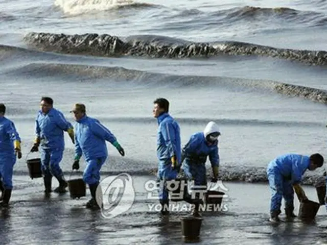 万里浦海水浴場でも必死の原油除去作業が行われている＝9日、泰安（聯合）