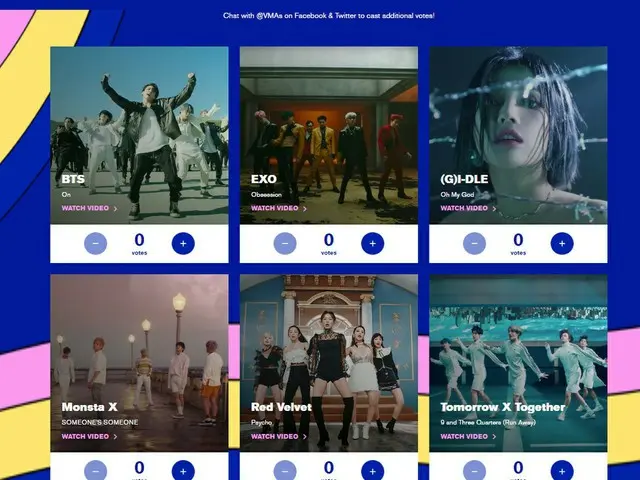 「BTS(防弾少年団)」、「EXO」、「GFRIEND」、「MONSTA X」、「Red Velvet」、「TXT」、アメリカ「2020 MTV Video M