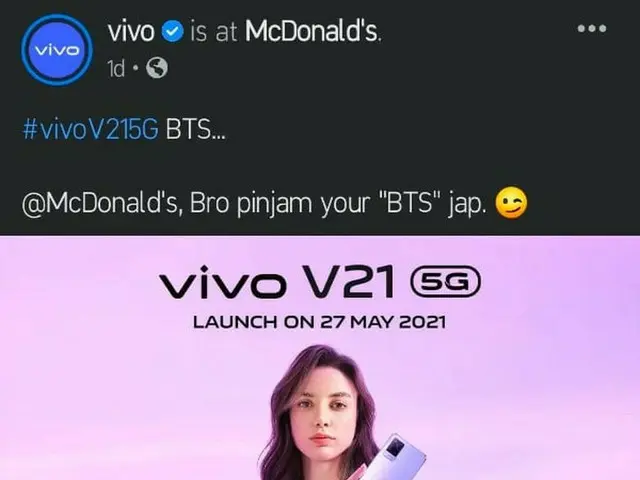 中国のスマートフォンメーカーのVivo、東南アジアに向けてSNSに掲載した広報ポスターに「Be There Soon」の略語として「BTS」と表記し、話題に
