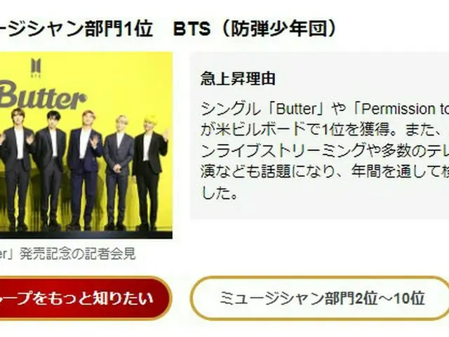 「BTS(防弾少年団)」、Yahoo！検索大賞2021のミュージシャン部門にランクイン