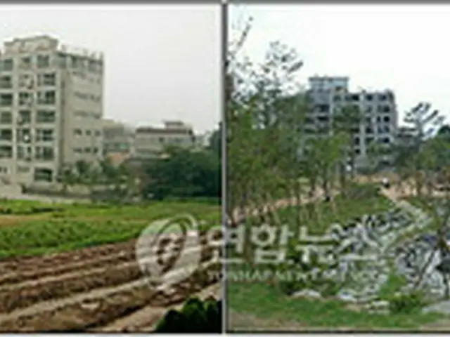 公園化事業により造成されたソウル市江西区のボンジェ山近隣公園の造成前（左）と造成後（右）＝12日、ソウル（聯合ニュース）