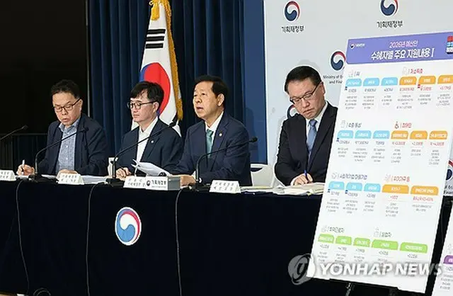 ２０２６年度予算案について説明する具潤哲・経済副首相兼企画財政部長官（右から２人目）＝２９日、世宗（聯合ニュース）