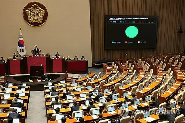 ３法の改正案を採決する国会の様子＝１１日、ソウル（聯合ニュース）