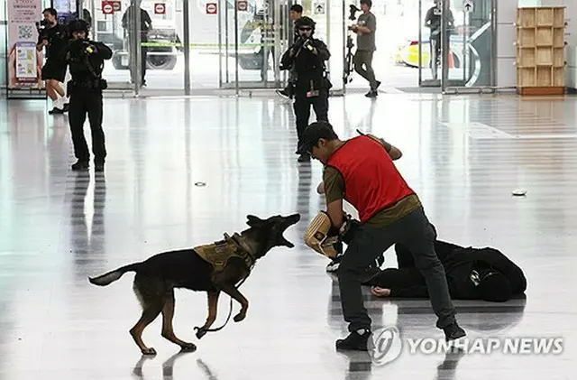 訓練でテロ犯の制圧を試みる警察犬＝１１日、釜山（聯合ニュース）