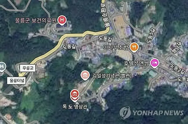 「金日成記念館（別館）」と誤表示されている「独島博物館」周辺の地図（グーグルマップより）＝（聯合ニュース）≪転載・転用禁止≫