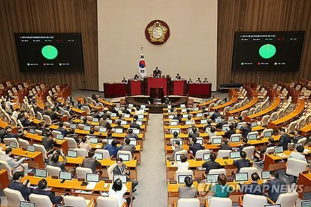 政府組織法改正案を可決した国会本会議＝２６日、ソウル（聯合ニュース）