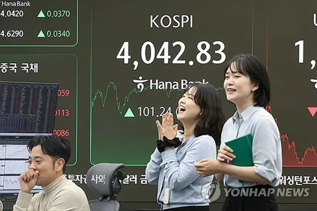 ソウルのハナ銀行本店にあるディーリングルームのモニターに表示されたＫＯＳＰＩの終値＝２７日、ソウル（聯合ニュース）