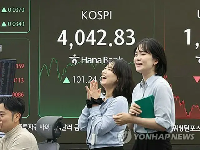 ソウルのハナ銀行本店にあるディーリングルームのモニターに表示されたＫＯＳＰＩの終値＝２７日、ソウル（聯合ニュース）