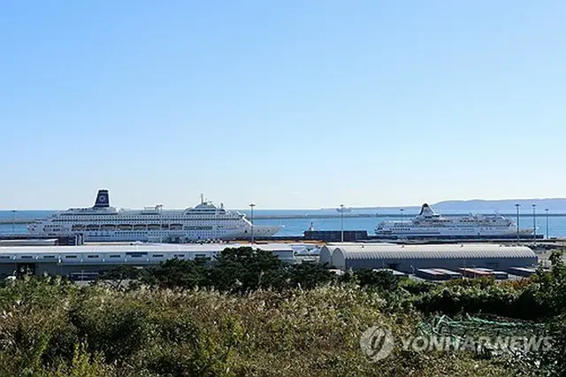 迎日湾港に停泊する２隻のクルーズ船＝２８日、浦項（聯合ニュース）