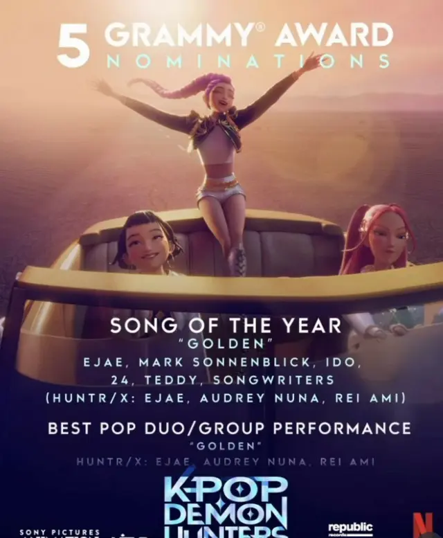 「KPOPガールズ! デーモン・ハンターズ」のOST「Golden」が計5部門でノミネートを果たした。