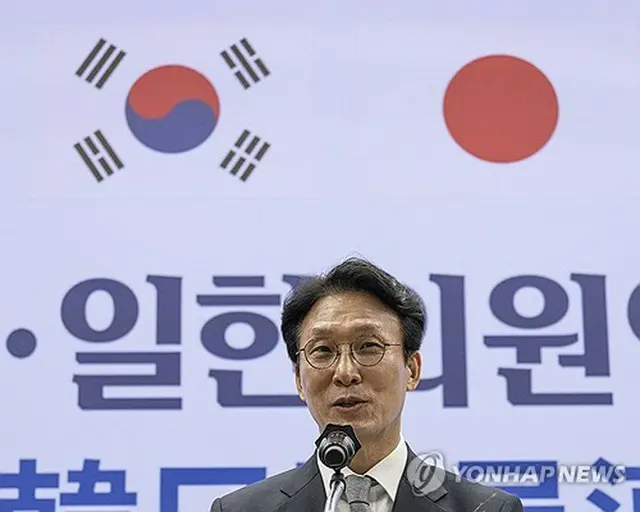 韓日・日韓議員連盟の合同総会であいさつする韓国の金民錫首相＝１６日、ソウル（聯合ニュース）