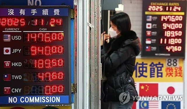 ソウルの繁華街・明洞にある両替所に表示されているウォンの為替レート＝２４日、ソウル（聯合ニュース）