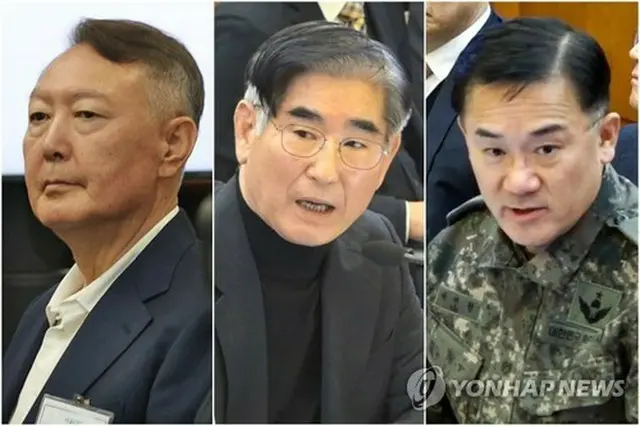 左から尹前大統領、金龍顕・前国防部長官、呂寅兄・前国軍防諜司令官（写真共同取材団、憲法裁判所提供）＝（聯合ニュース）≪転載・転用禁止≫