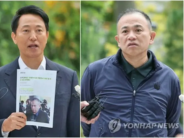 呉世勲・ソウル市長（左）と政治ブローカーのミョン・テギュン氏（資料写真）＝（聯合ニュース）