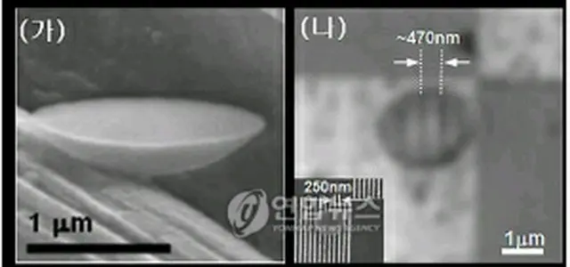 ナノレンズはカリックスハイドロキノン分子の自己組織化を通じて形成された（左）。光学顕微鏡で見えなかった250ナノメートル間隔の微細ラインパターンも、ナノレンズを用いればくっきりと拡大されて見える（右）＝2