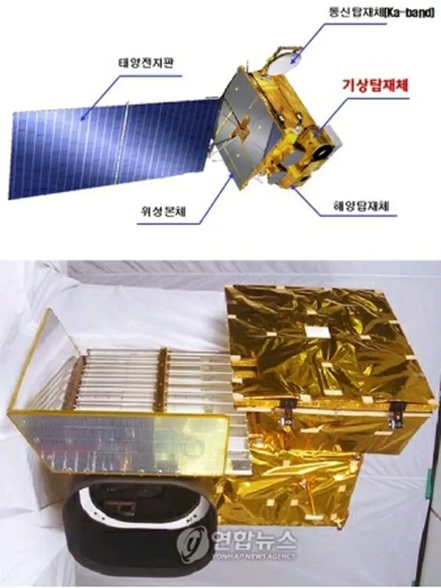 通信海洋気象衛星形成図（上）と気象搭載体（気象庁提供）＝27日、ソウル（聯合ニュース）