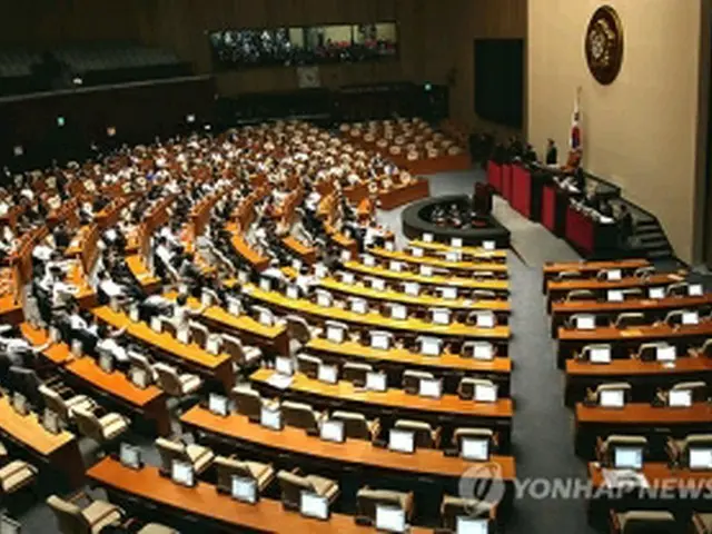 予算案に抗議した民主党議員が退席し、本会議場は片側が空席のまま採決が行われた＝８日、ソウル（聯合ニュース）