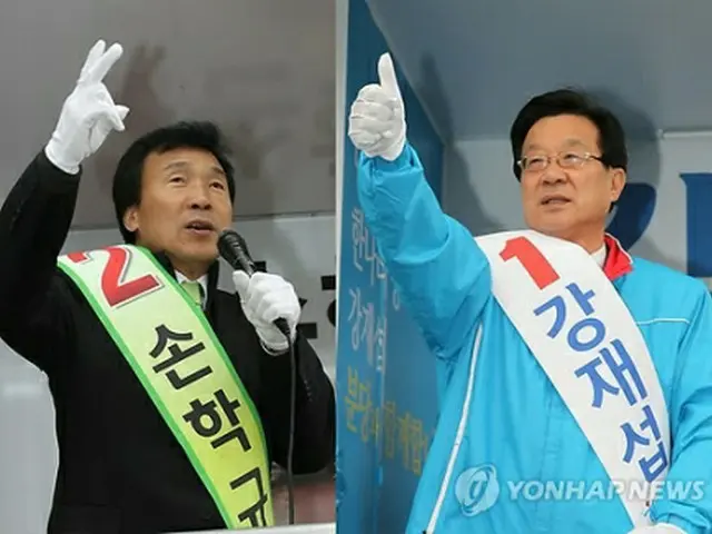 ハンナラ党の姜在渉元代表（右）と民主党の孫鶴圭代表＝（聯合ニュース）