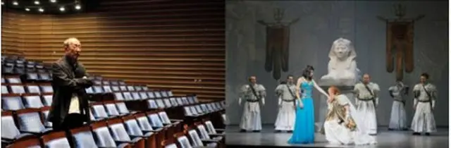 蜷川幸雄さん（左）と「アントニーとクレオパトラ」の公演模様＝（聯合ニュース）